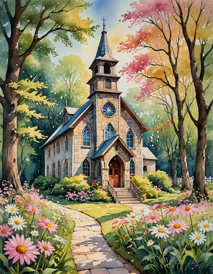 Quaint Church with Daisy in Watercolor Style