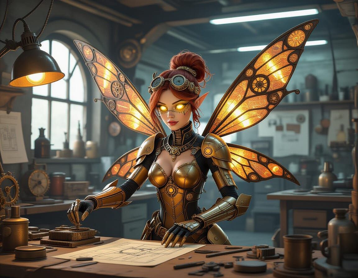 Steampunk Fairy Mechanic in Workshop with Metal Wings