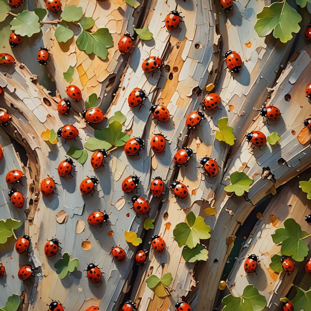 Ladybugs on Oak Tree in Impressionist Style