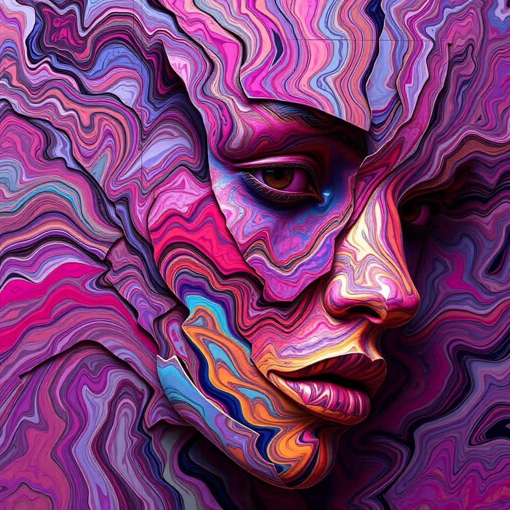 Abstracted Face in Marbled Layers of Molten Paint