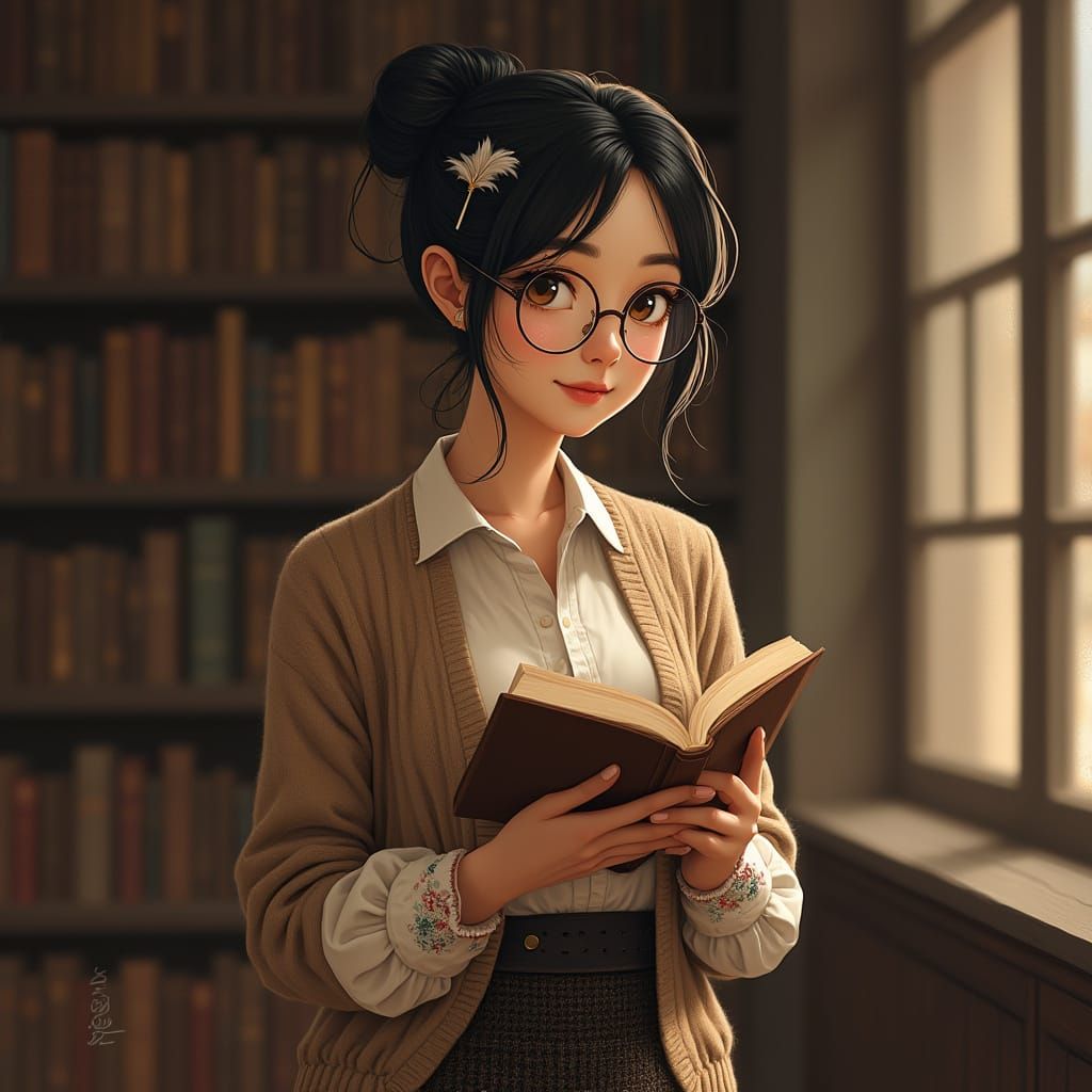 Librarian Portrait with Feather Quill, Digital Art