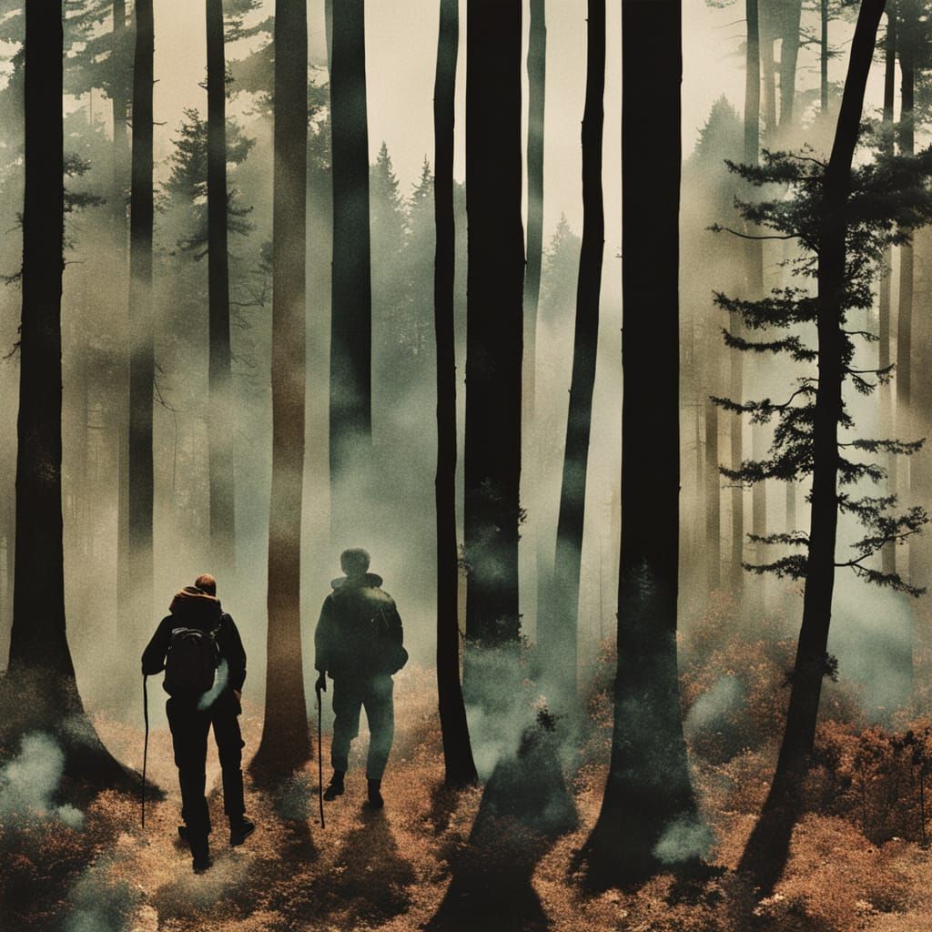 Minimalist Forest Double Exposure with Hikers