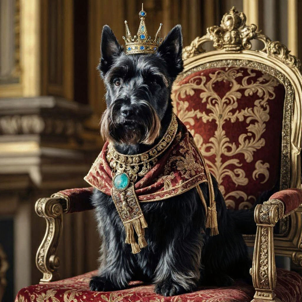 Scottish Terrier Queen on Throne in Hyperrealistic Oil Paint...
