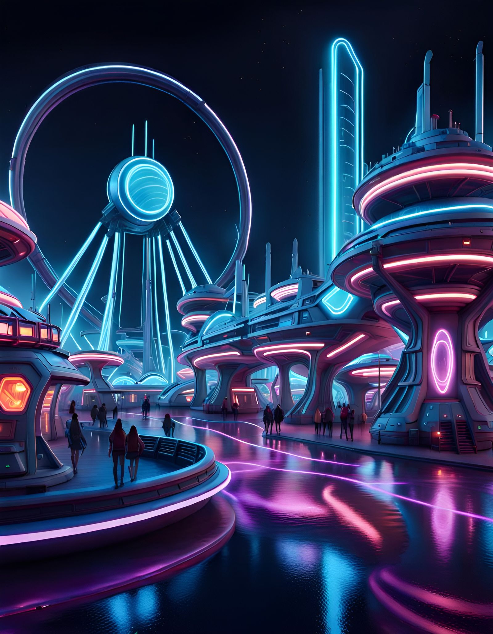 Futuristic Theme Park with Sci-Fi Rides in Neon