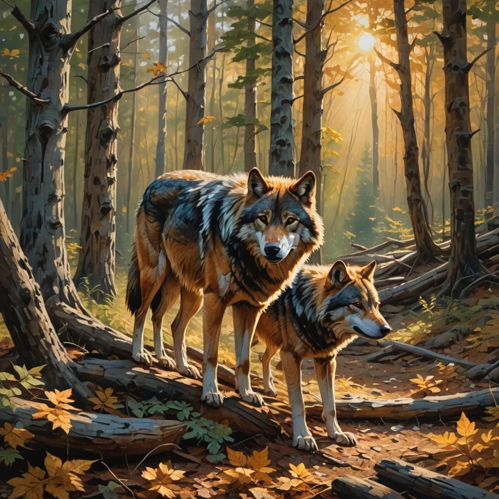 Wolves in Forest: An Oil Painting of Wildlife