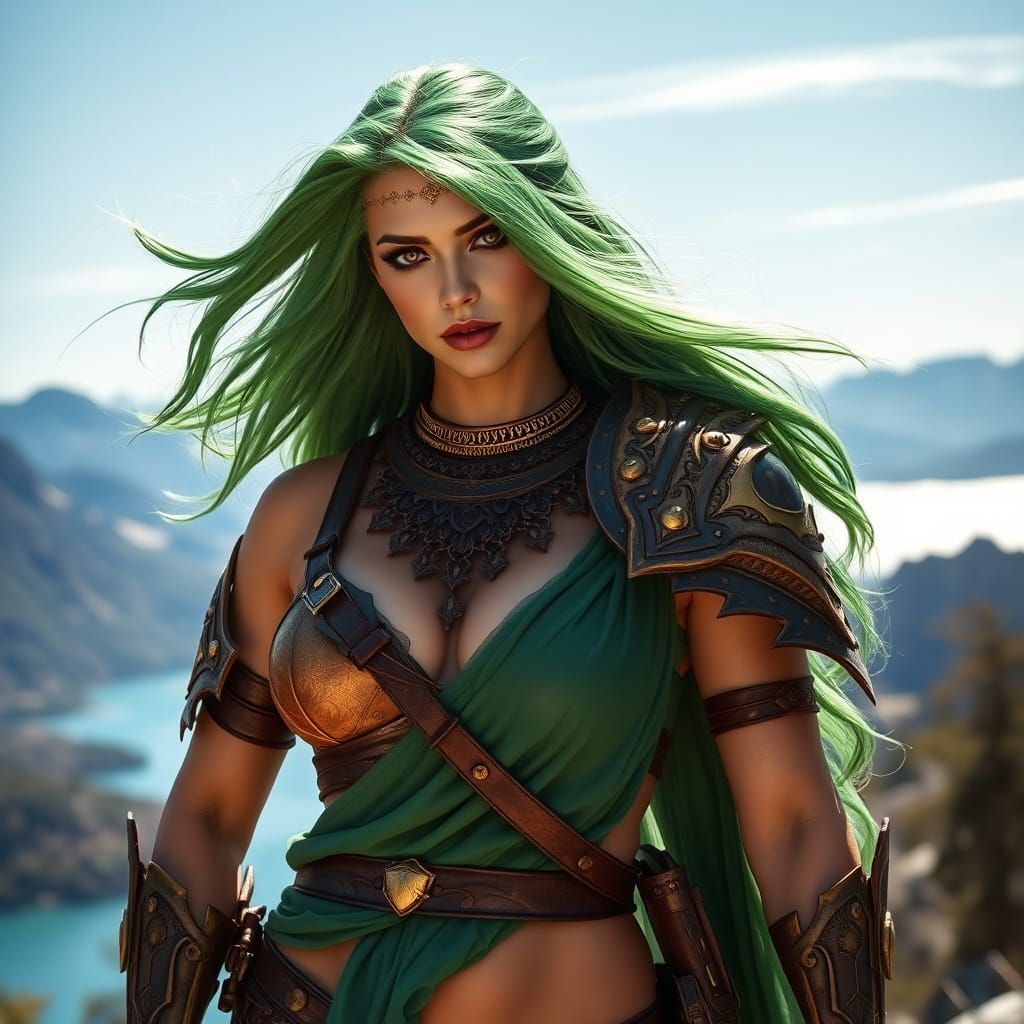 Confident Female Warrior in Ornate Armor