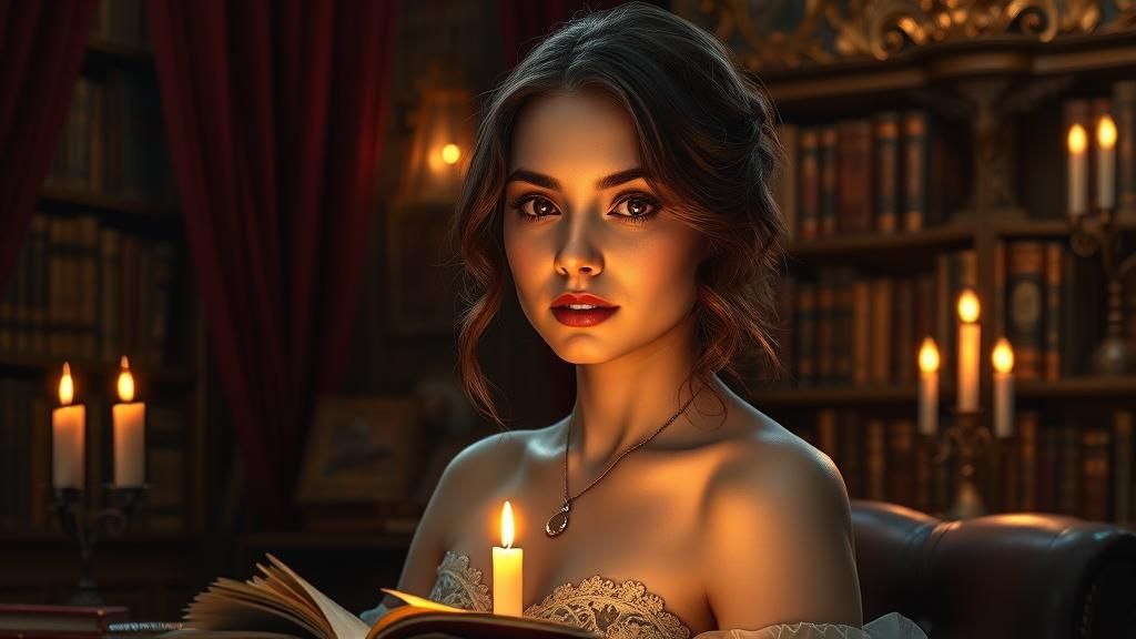 Twilight Study: Woman in Candlelight, Oil Painting Style