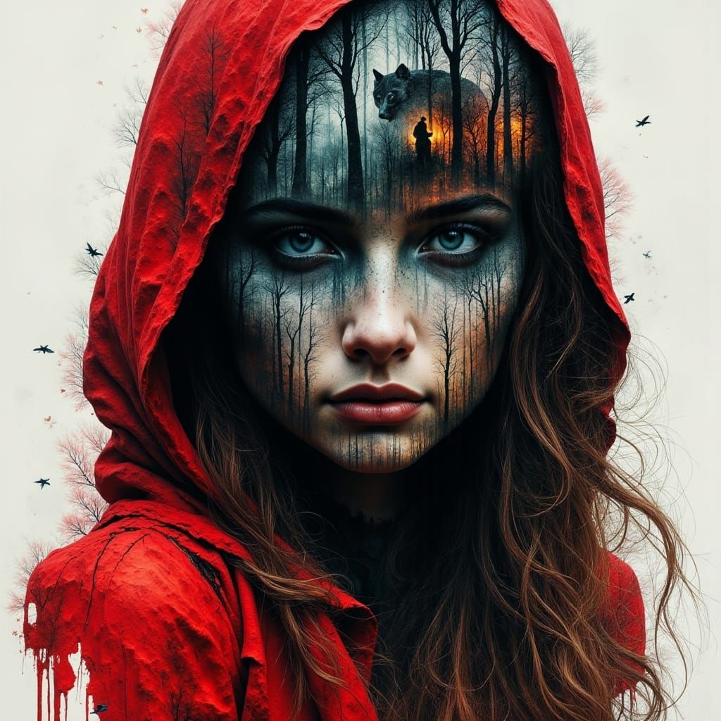 Little Red Riding Hood Double Exposure with Forest and Wolf
