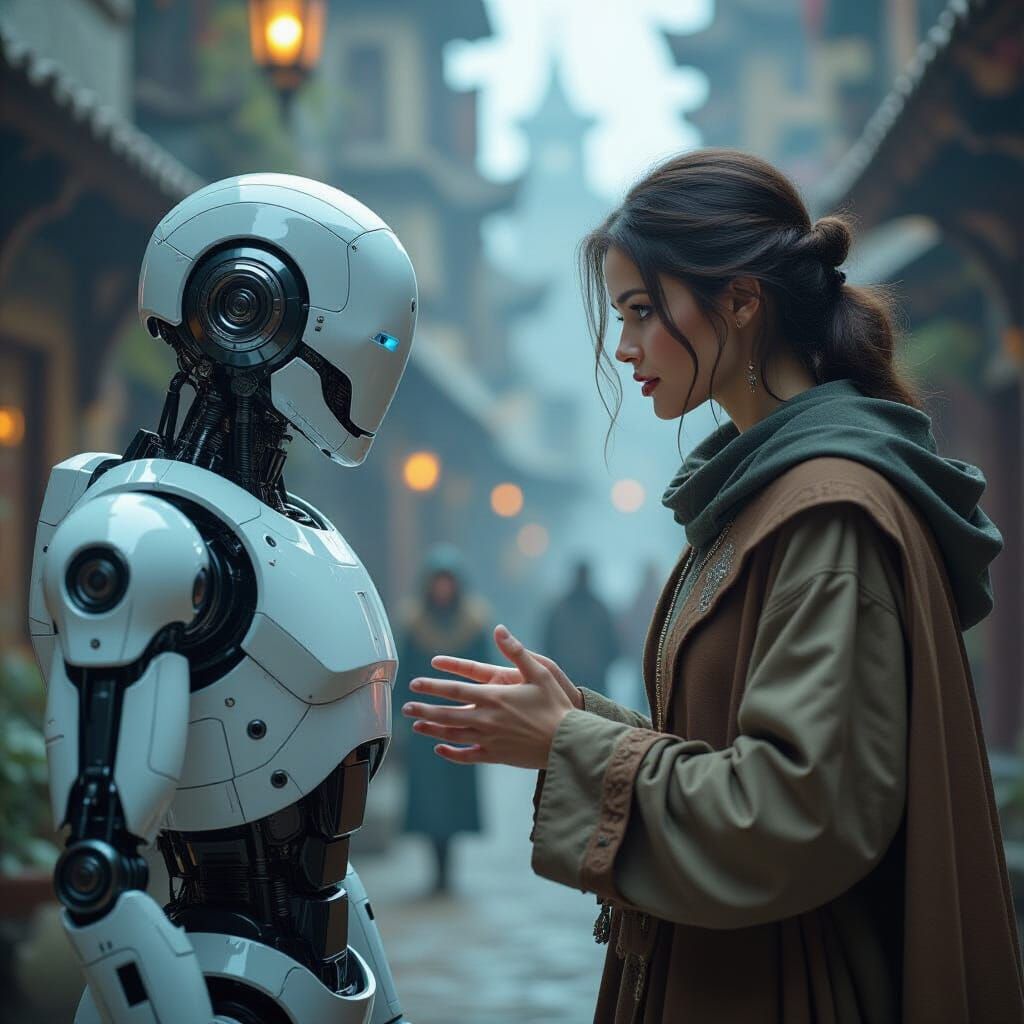 Medieval Figure Meets Robot in Mystical Matte Painting
