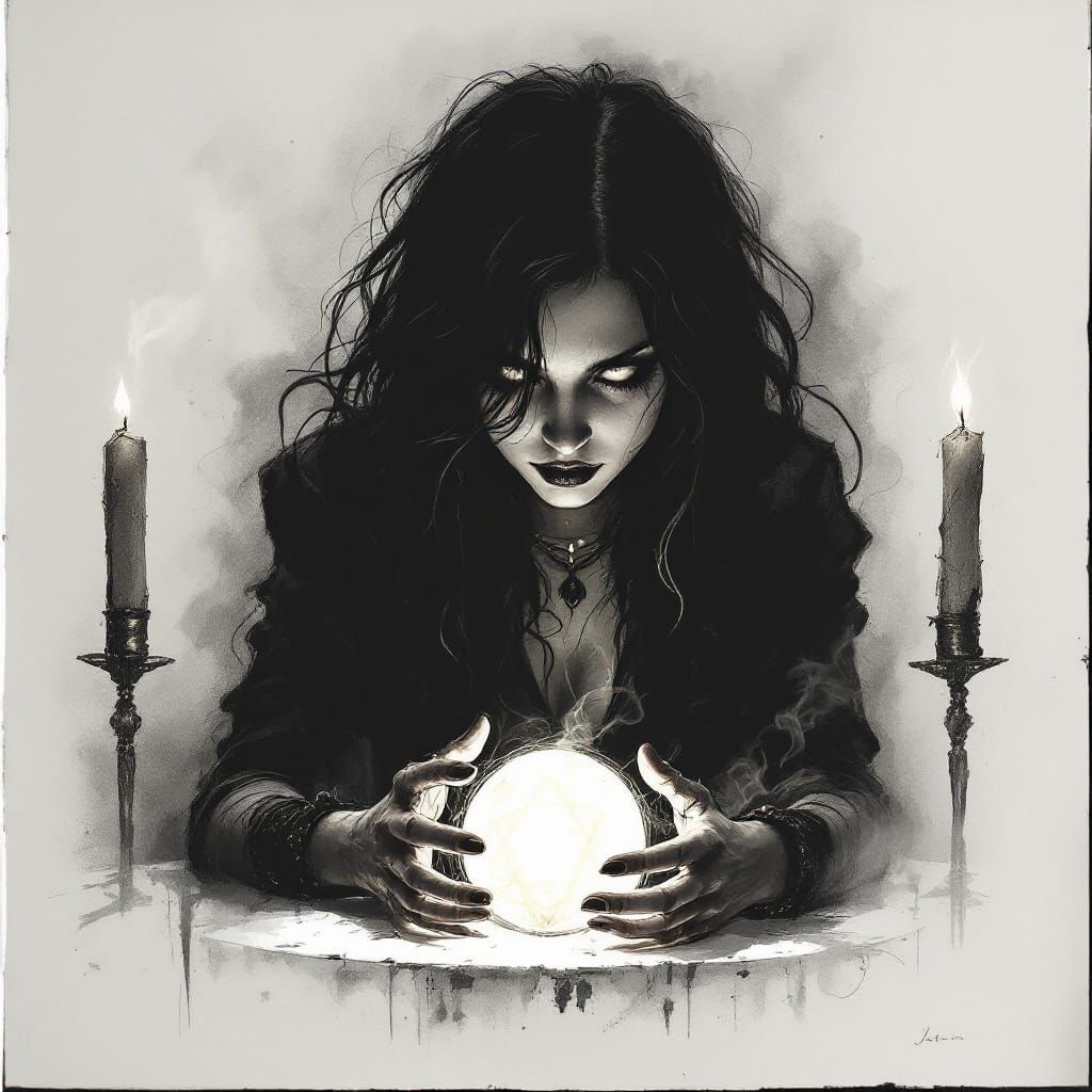 Noir Charcoal Sketch of a Fortune Teller