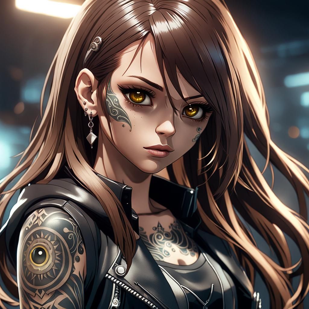 Anime Woman with Tattoos in 3D Style