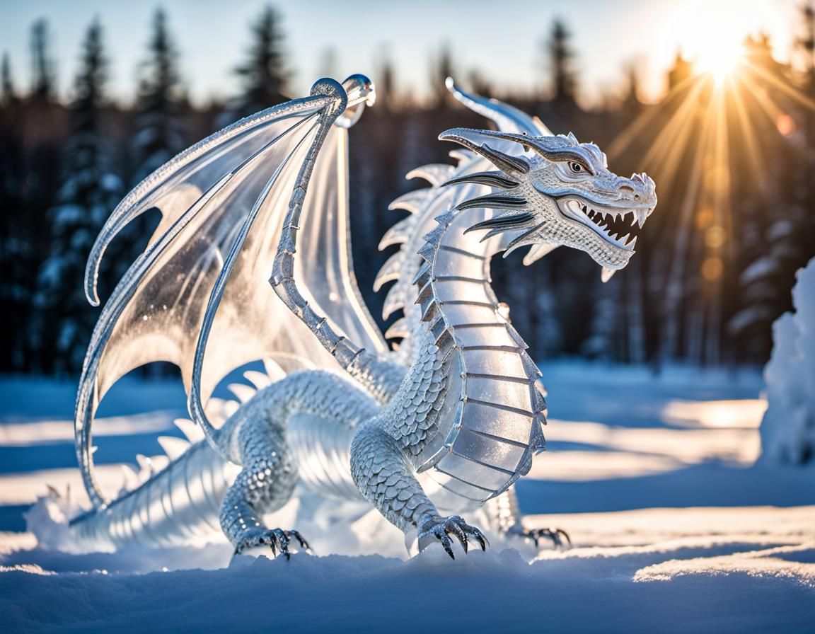 Giant Ice Dragon Sculpture in Winter Wonderland