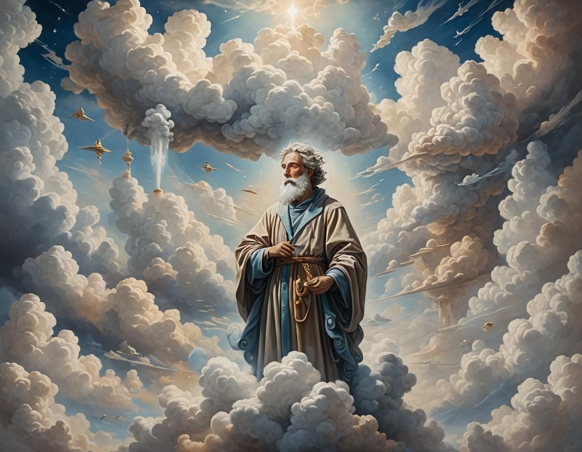 Mystical Figure Creates Clouds in Heavenly Factory