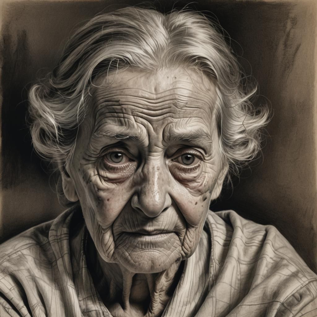 Melancholic Charcoal Portrait of Elderly Woman