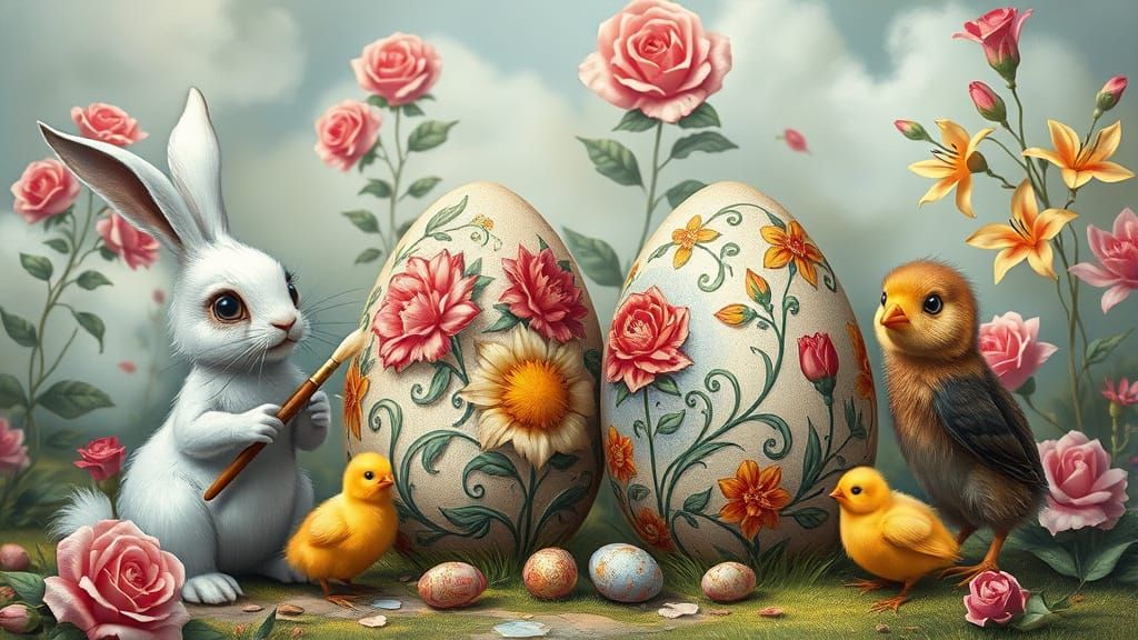 Easter Animals Painting Eggs in Fantasy Landscape