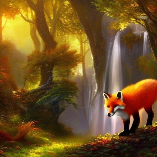 Fox in Colorful Autumn Woods with Waterfall