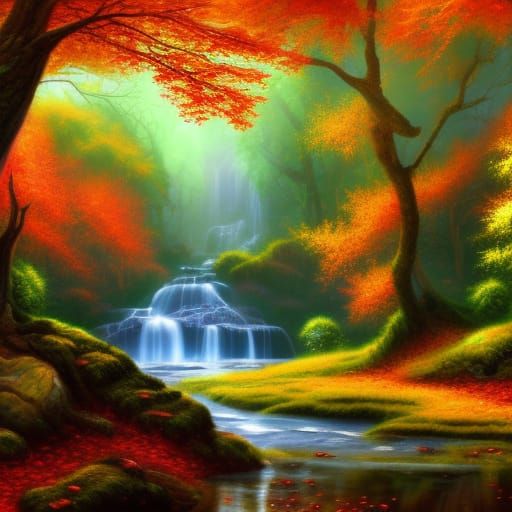 Colorful Autumn Woods Scene with Sapphire Waterfall