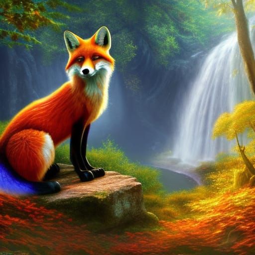 Fox in Autumn Woods with Sapphire Waterfall