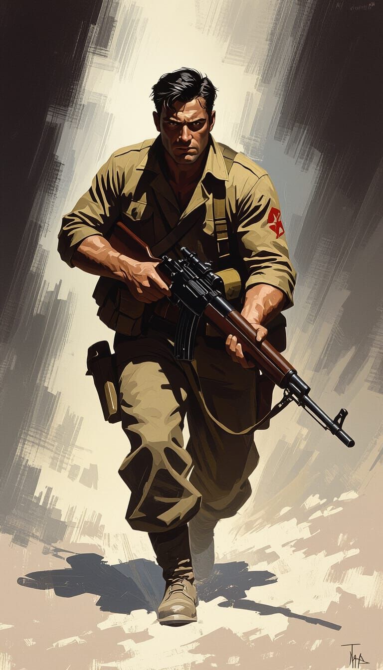 Brave WW2 Soldier Advances Through Shadows in Dramatic Light
