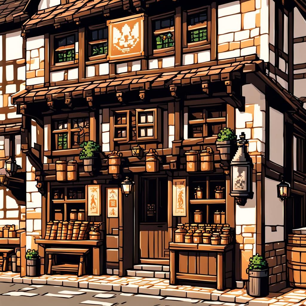 8-Bit Bedroom Outside Medieval Pub in Pixel Art