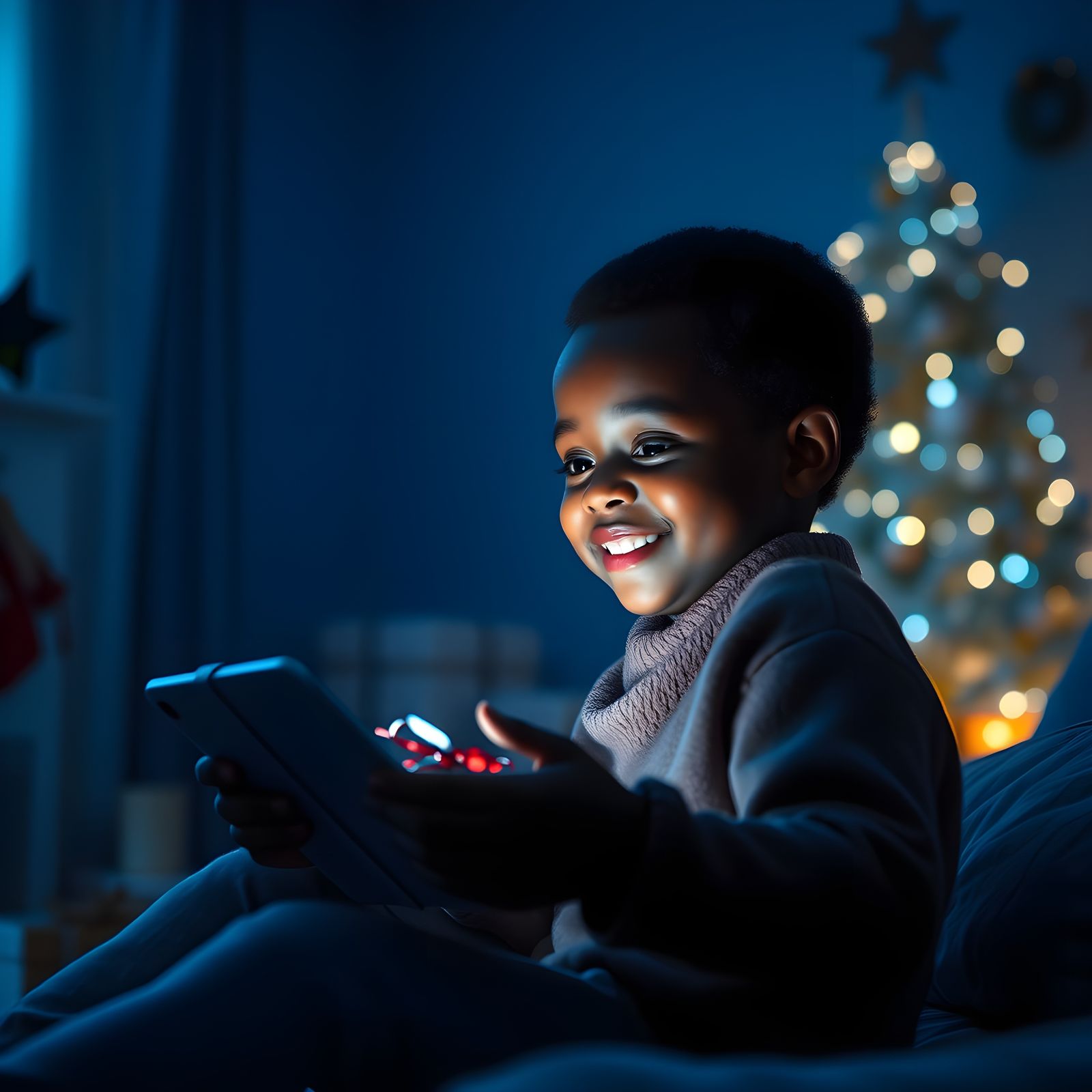 Joyful Child with Tablet and Christmas Gift in 4K