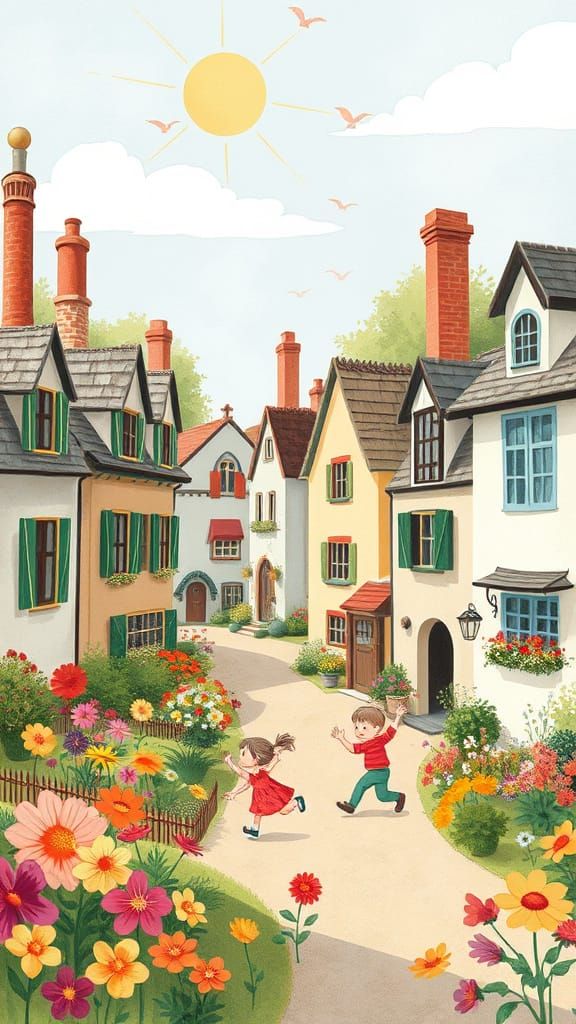 Whimsical Village Scene in Classic Children's Book Style