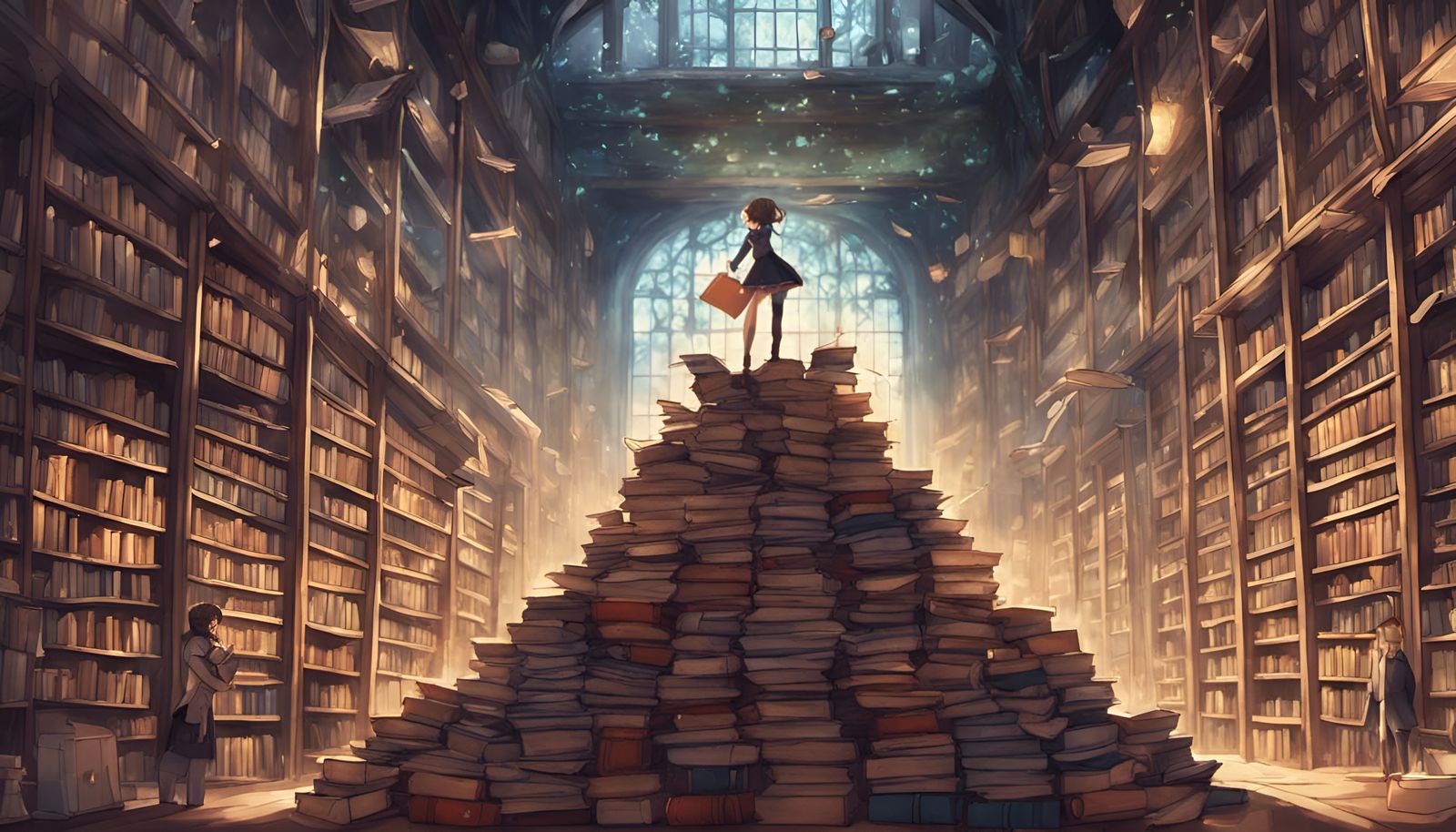 Fantasy Librarian Stacking Books in Anime Style