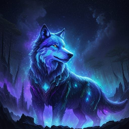 Cosmic Wolf Over Forest in Astral Illustration Style