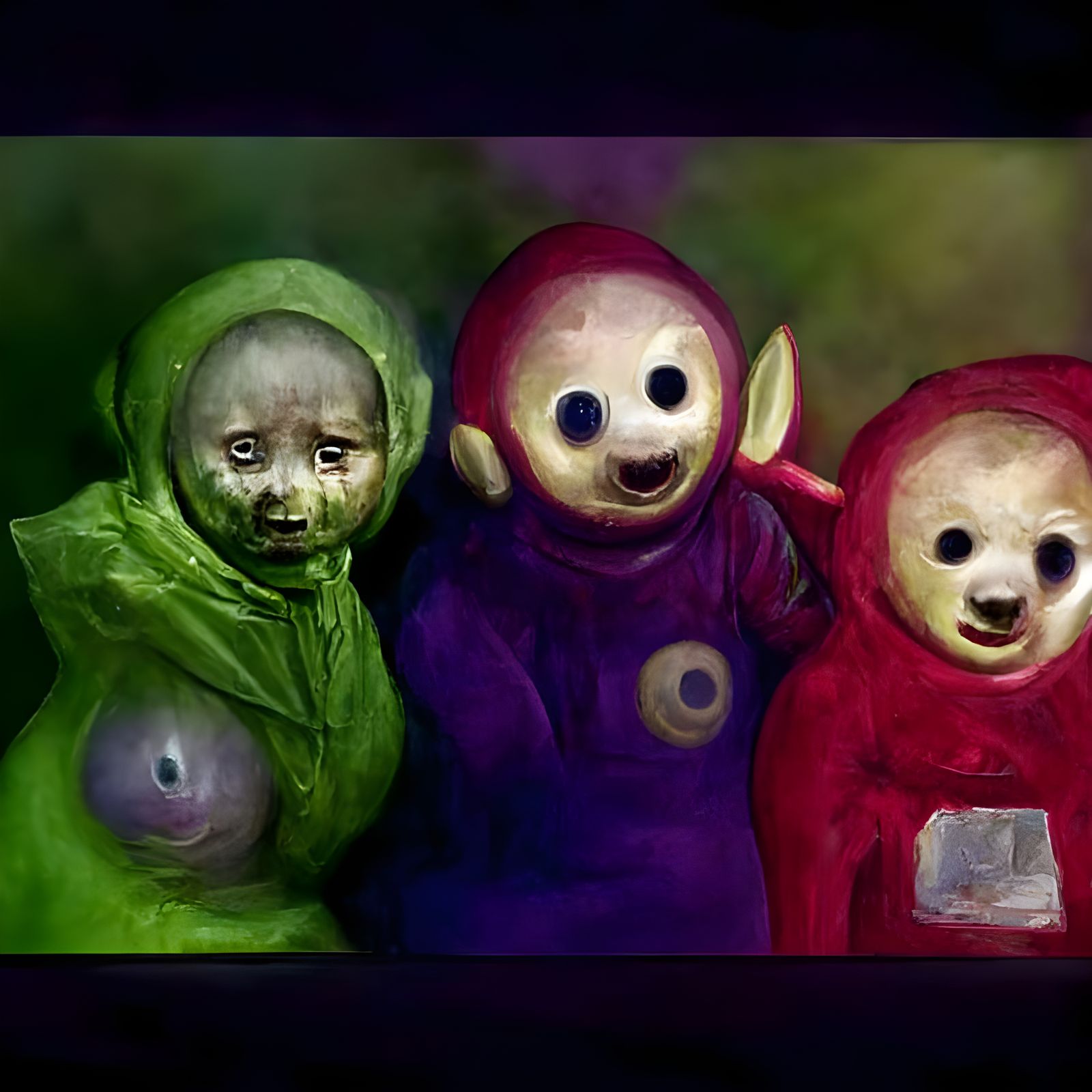 Creepy Teletubbies Nightmare in Dystopian Horror Style