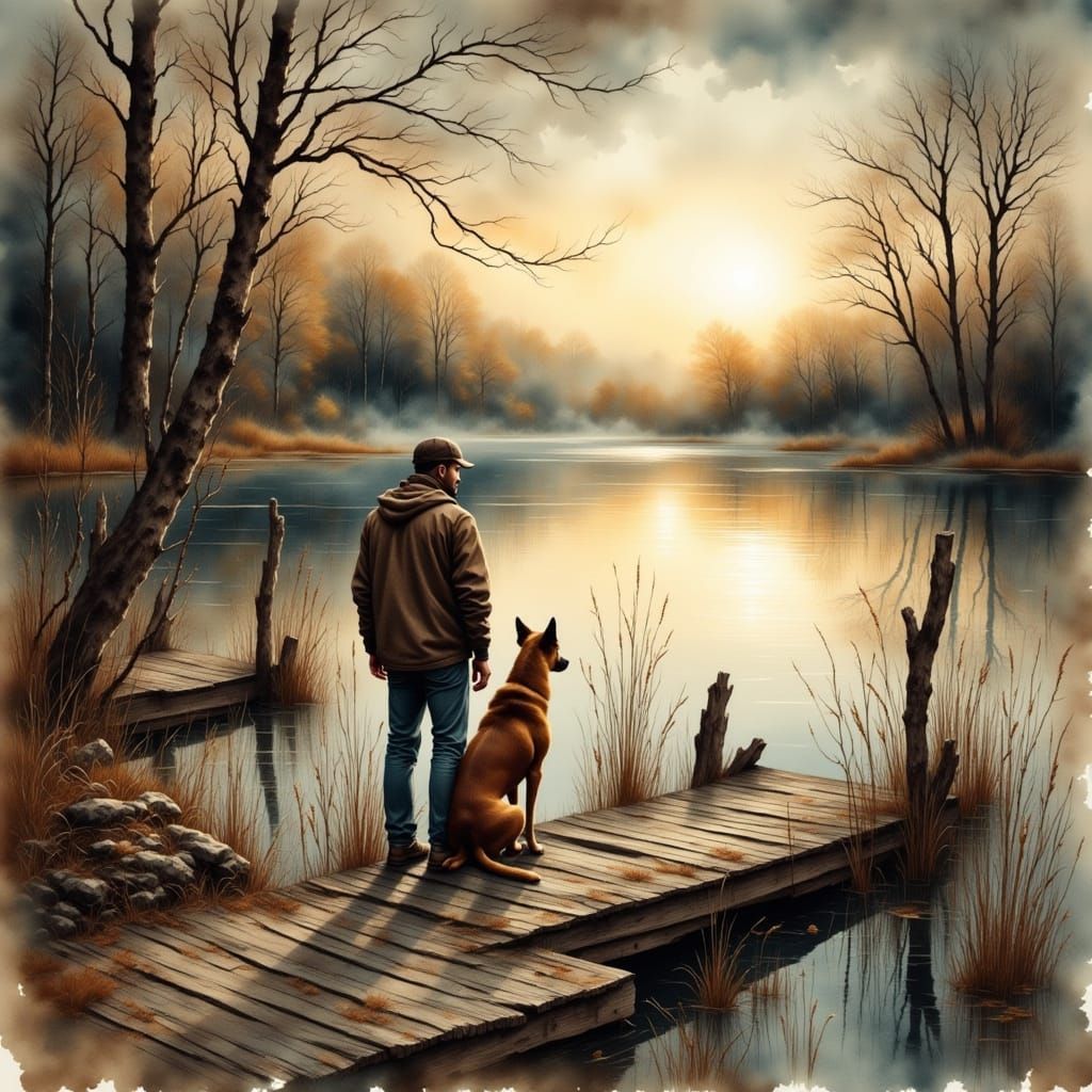 Man and Dog by Serene Lake at Dusk in Gritty Watercolor