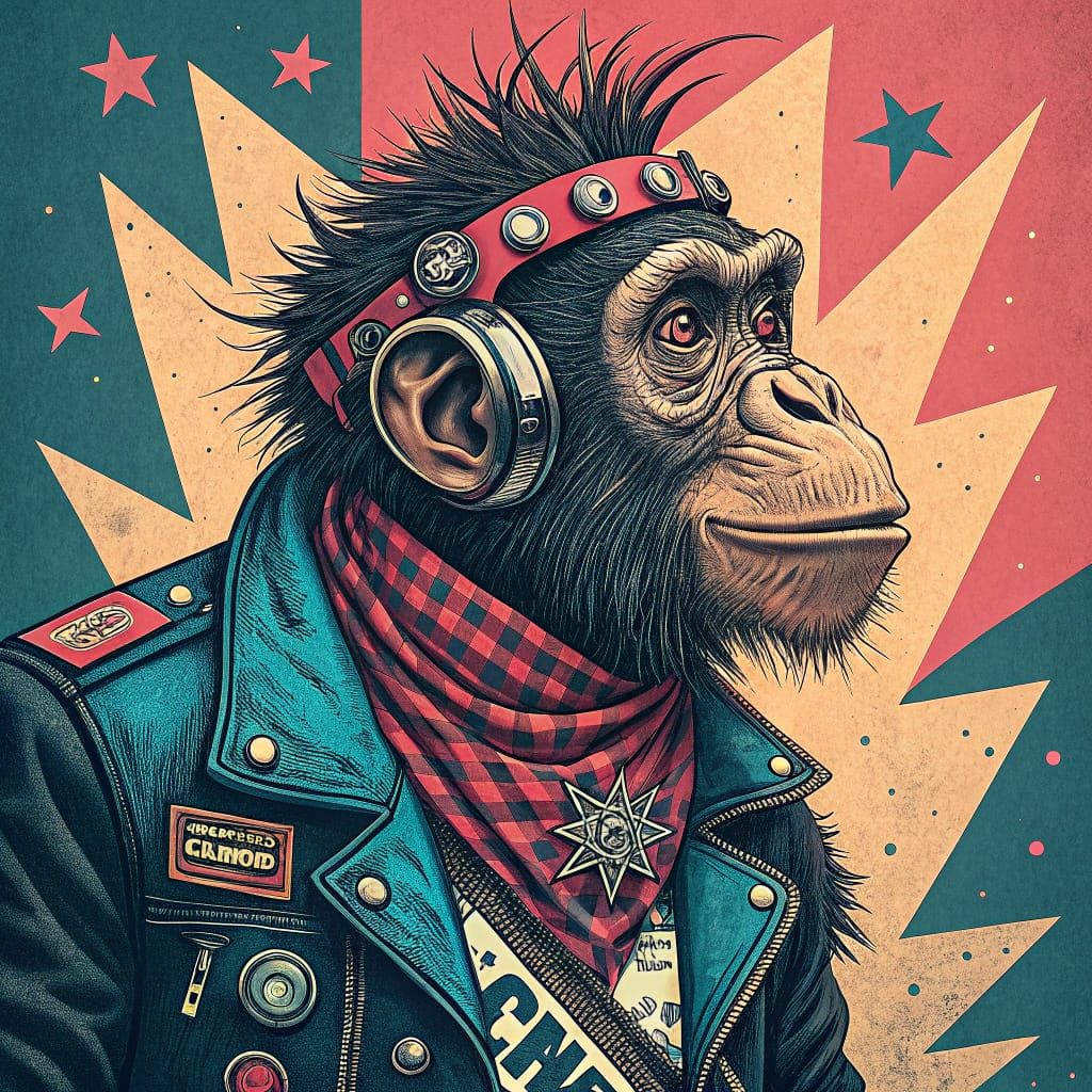Punk Chimp in Whimsical Futuristic Collage