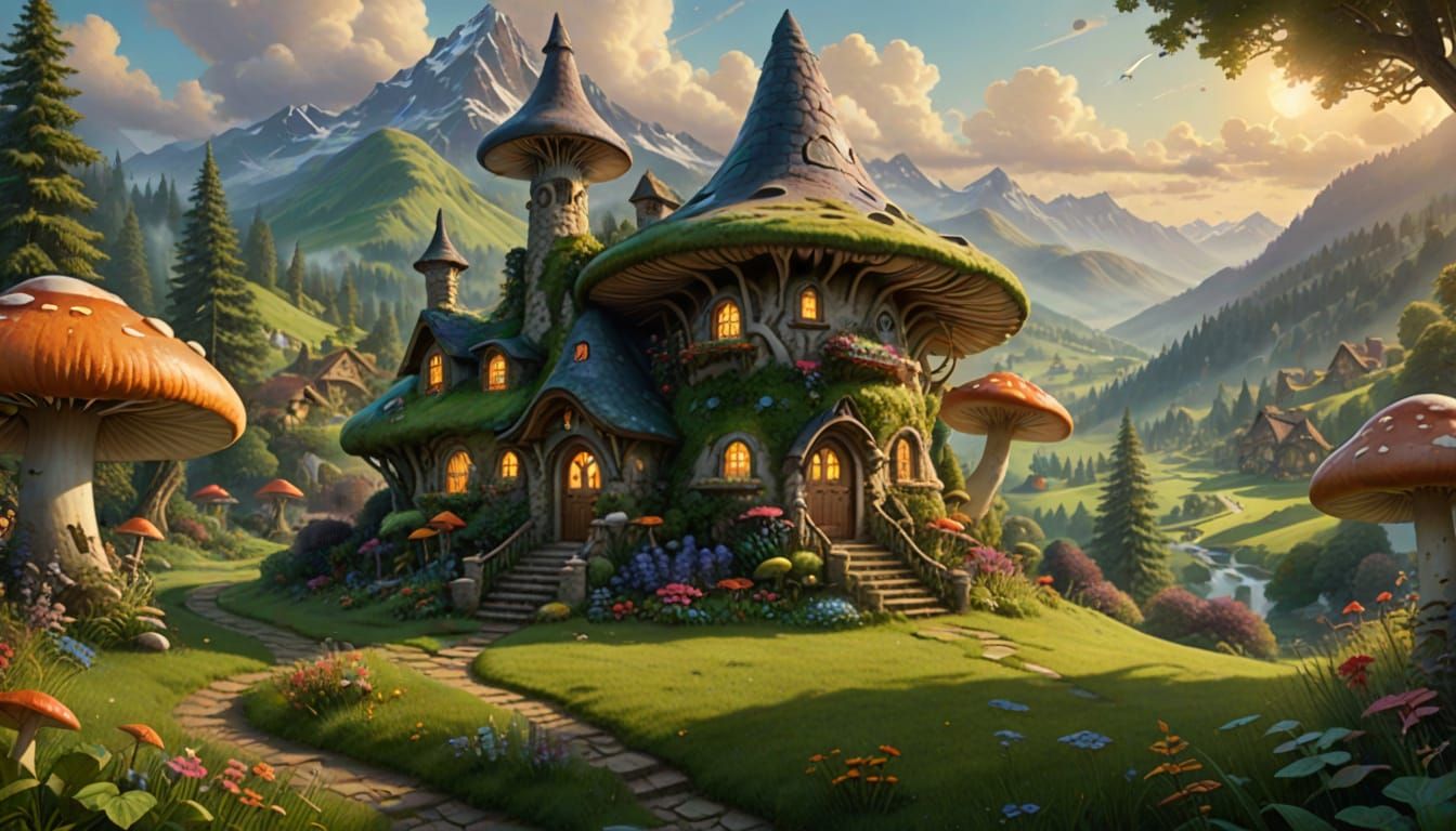 Mushroom House in Ethereal Fantasy Landscape