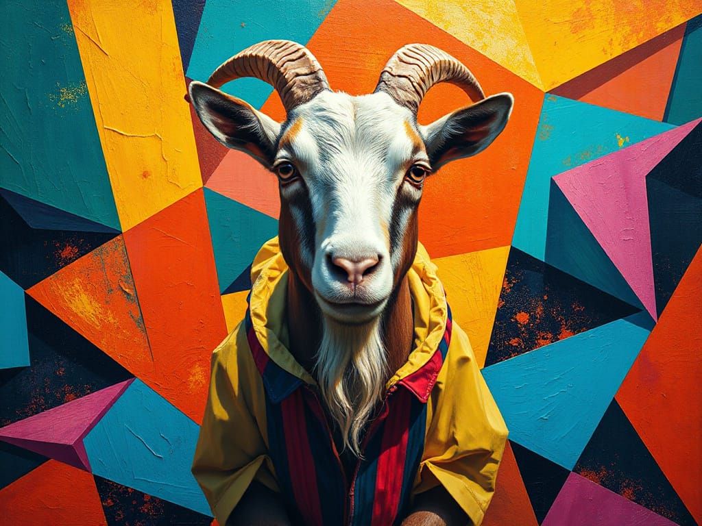 Vibrant Cubist Goat Amidst Geometric Shapes