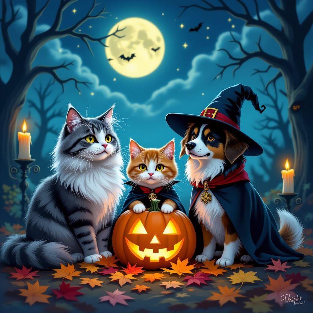 Halloween Creatures Gather in Moonlit Spooky Scene