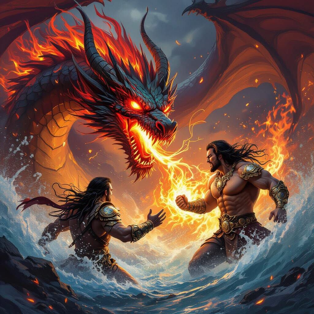Dragon vs Man with Magic Rings in Fire and Water