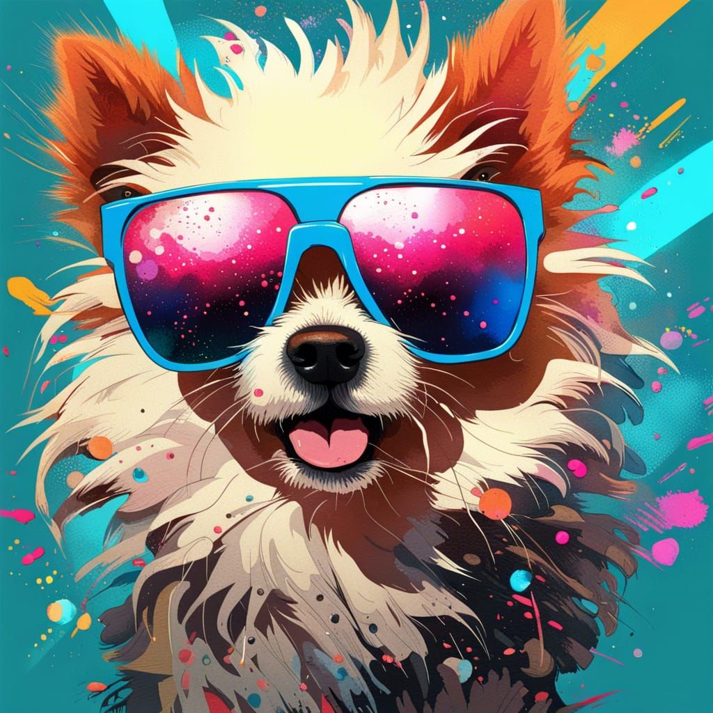 Chibi Dog in Sunglasses: Polychromatic Splash Art