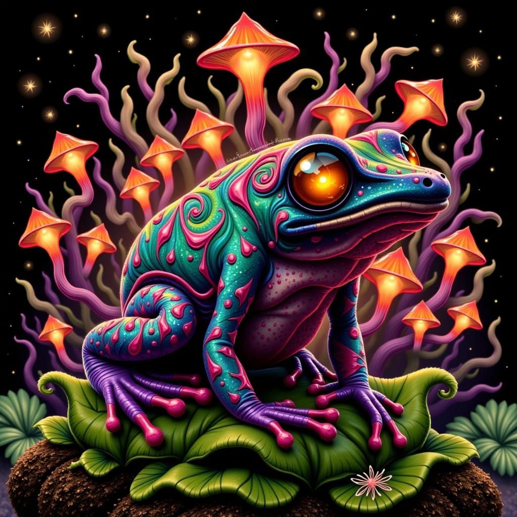 Mystical Frog in Glowing Forest: Digital Painting