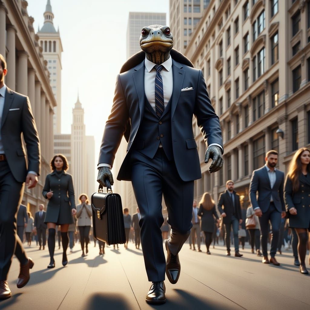 Turtle Businessman Strides Confidently Through City Street