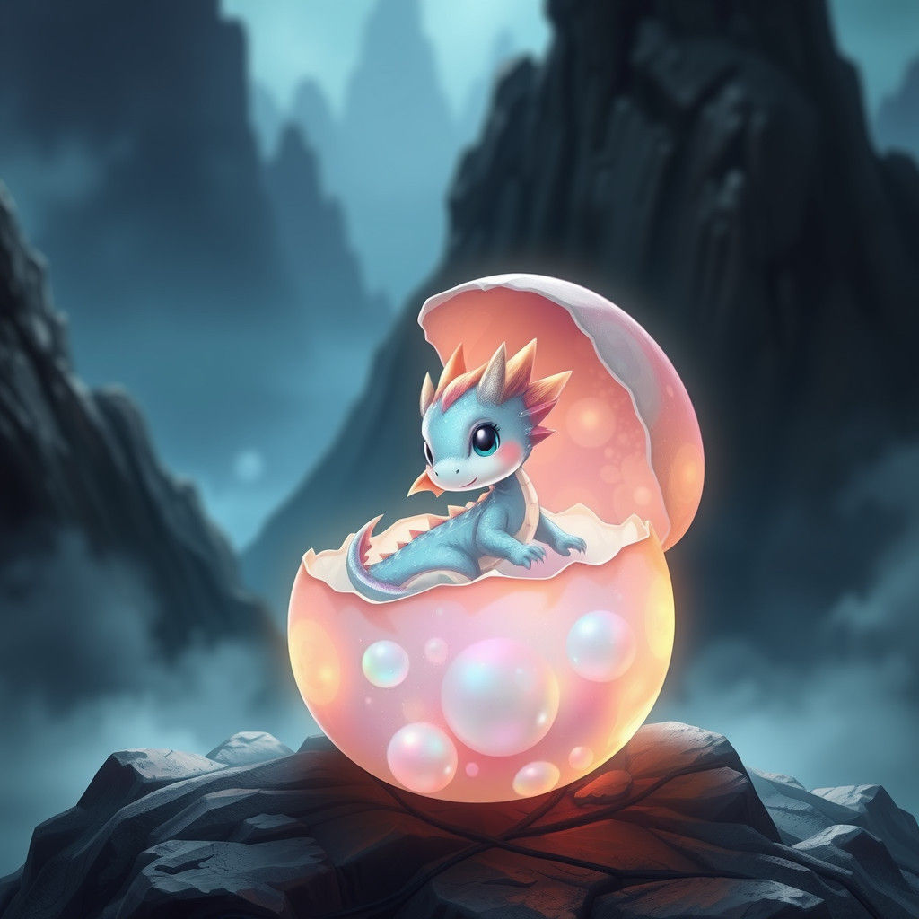 Chibi Dragon Hatching from Iridescent Egg