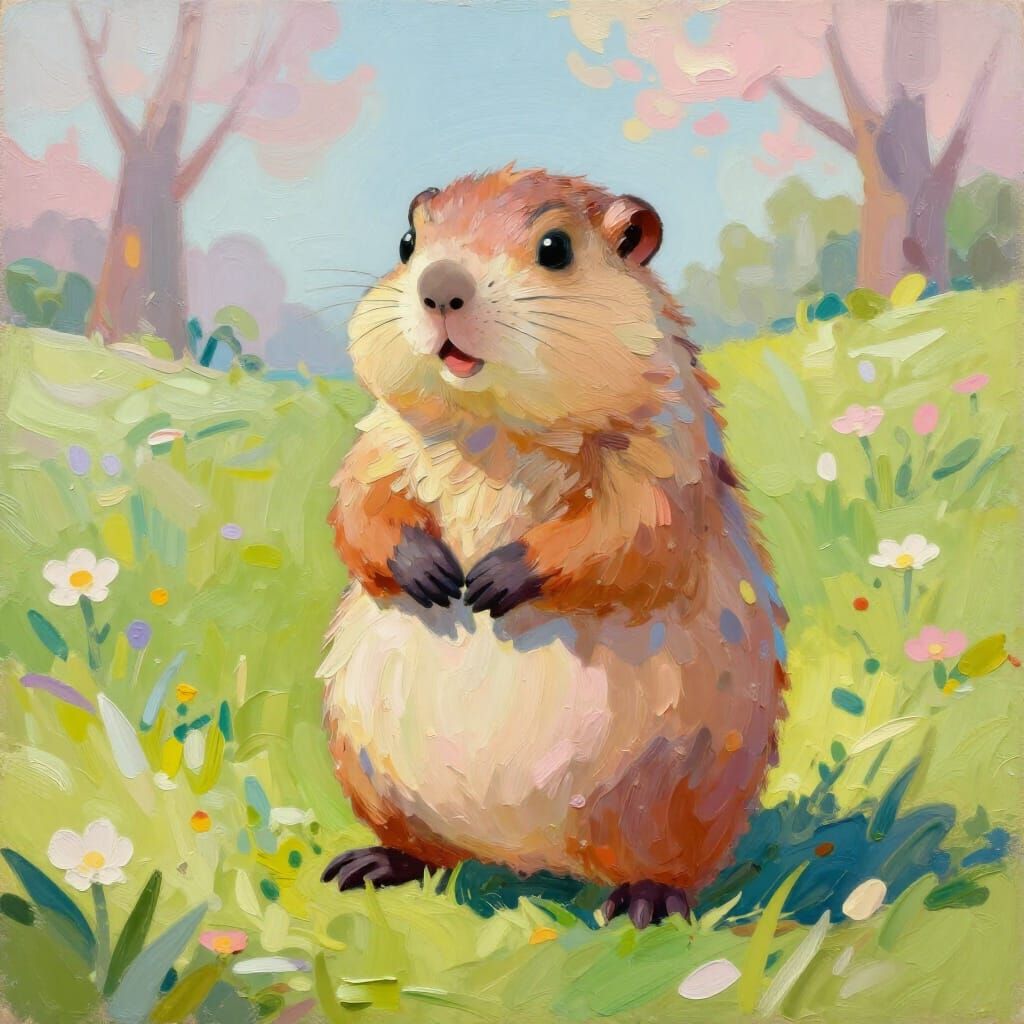 Charming Groundhog in Spring Light, Neo-Impressionist Style