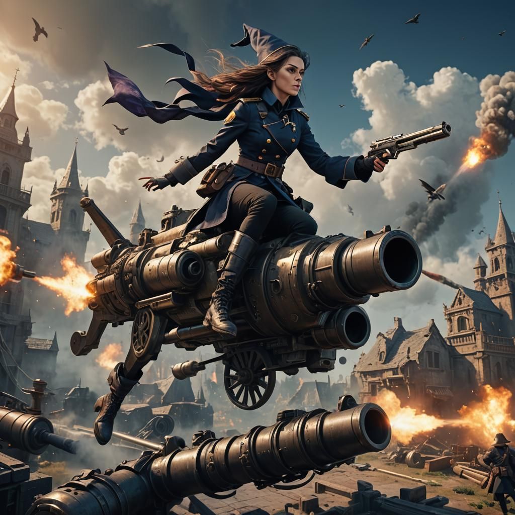 Fantasy Witch Flies on Gun, Digital Art