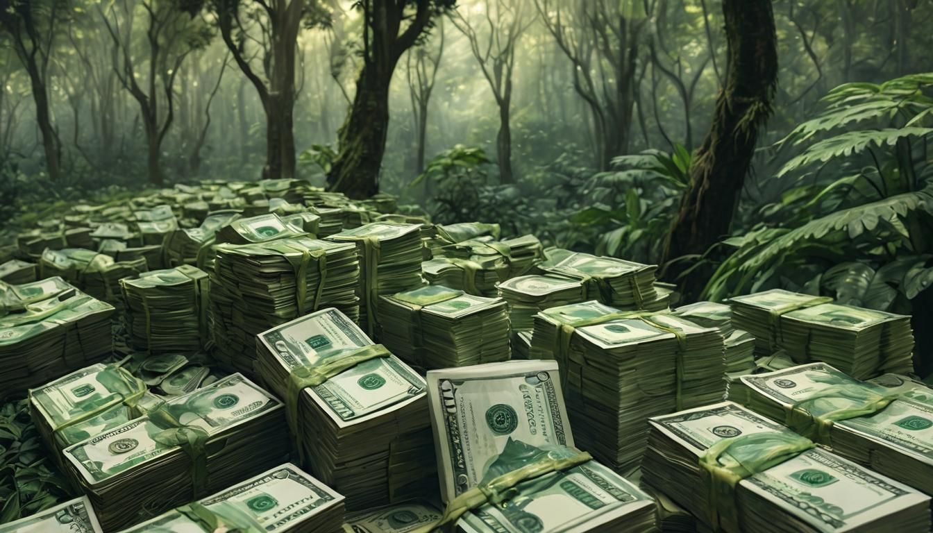 trees made of money, tropical jungle made out of money, lush jungle trees made of stacks of dollar bills, trees are made...