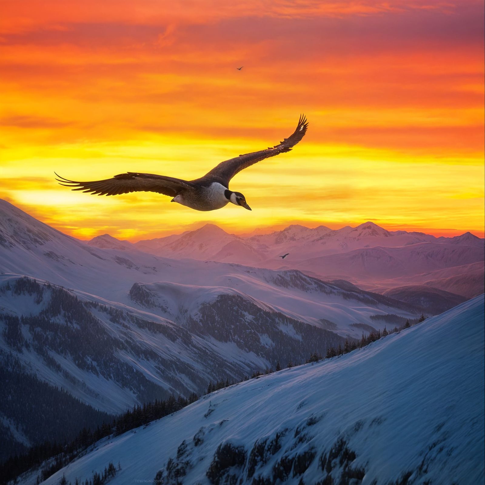 Majestic Goose Soaring Over Snowy Mountains at Sunset