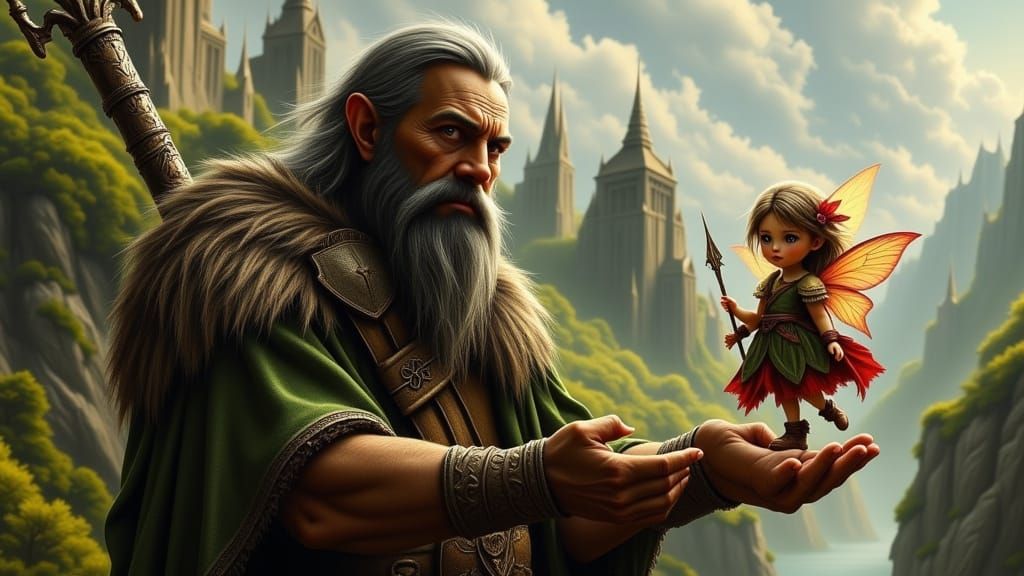 Gentile Bearded Giant Holding a Colorful Fairy in a Fantasy ...