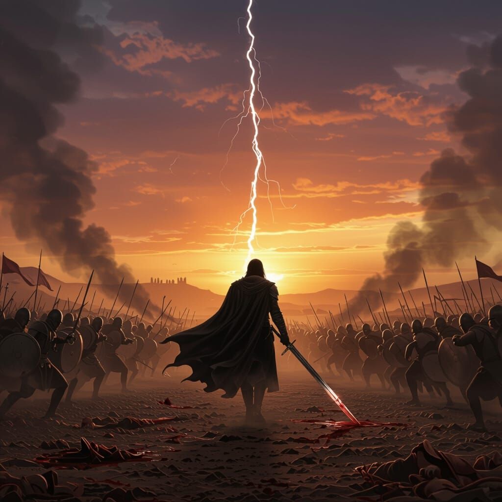 Dark Fantasy Warrior Silhouetted Against Burning Sunset