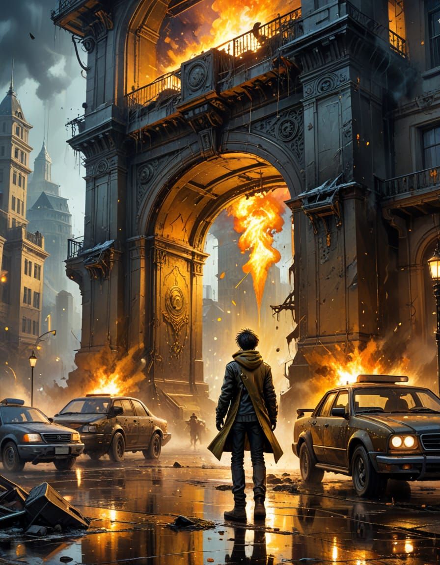 Steampunk Video Game Cover with Explosions and Intricate Det...