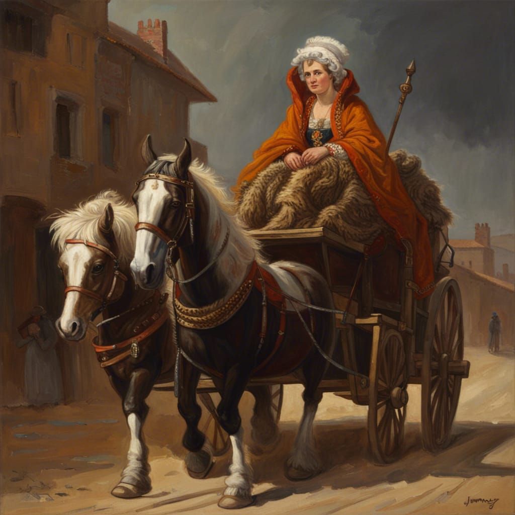 Woman in Fur Cloak Riding Chariot Oil Painting