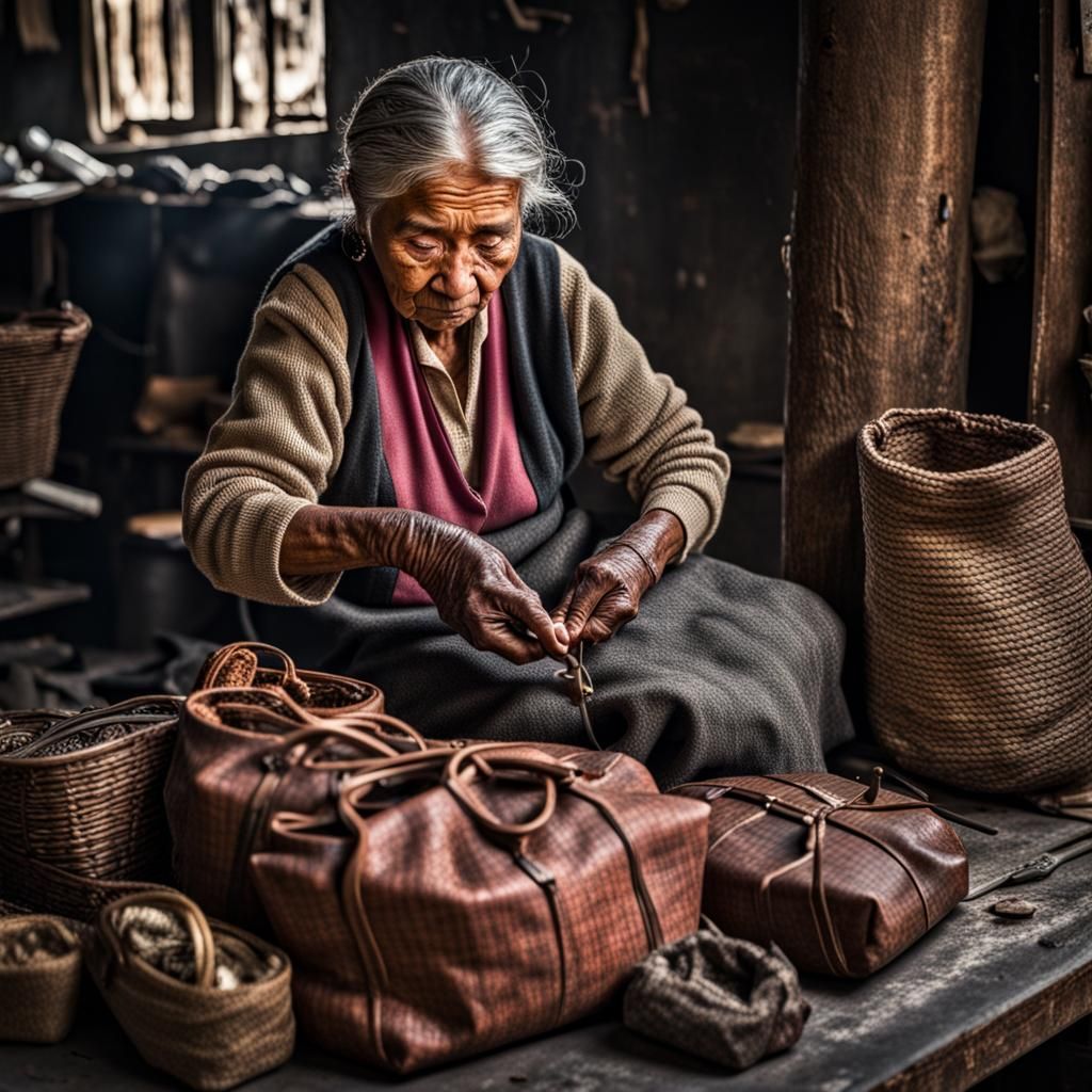 Hyperrealistic Old Woman Making Bags
