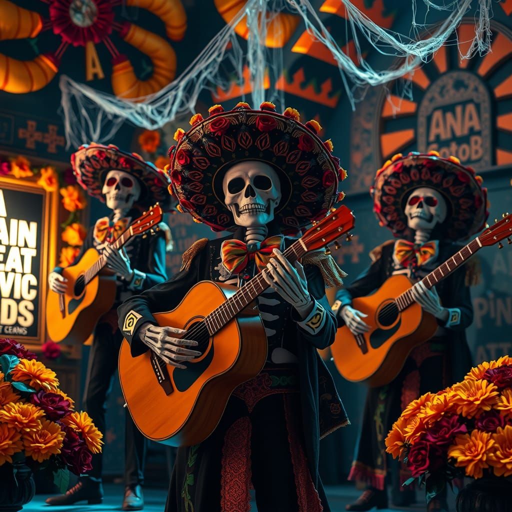 Festive Skeleton Mariachi Band Celebrates Día de los Muertos