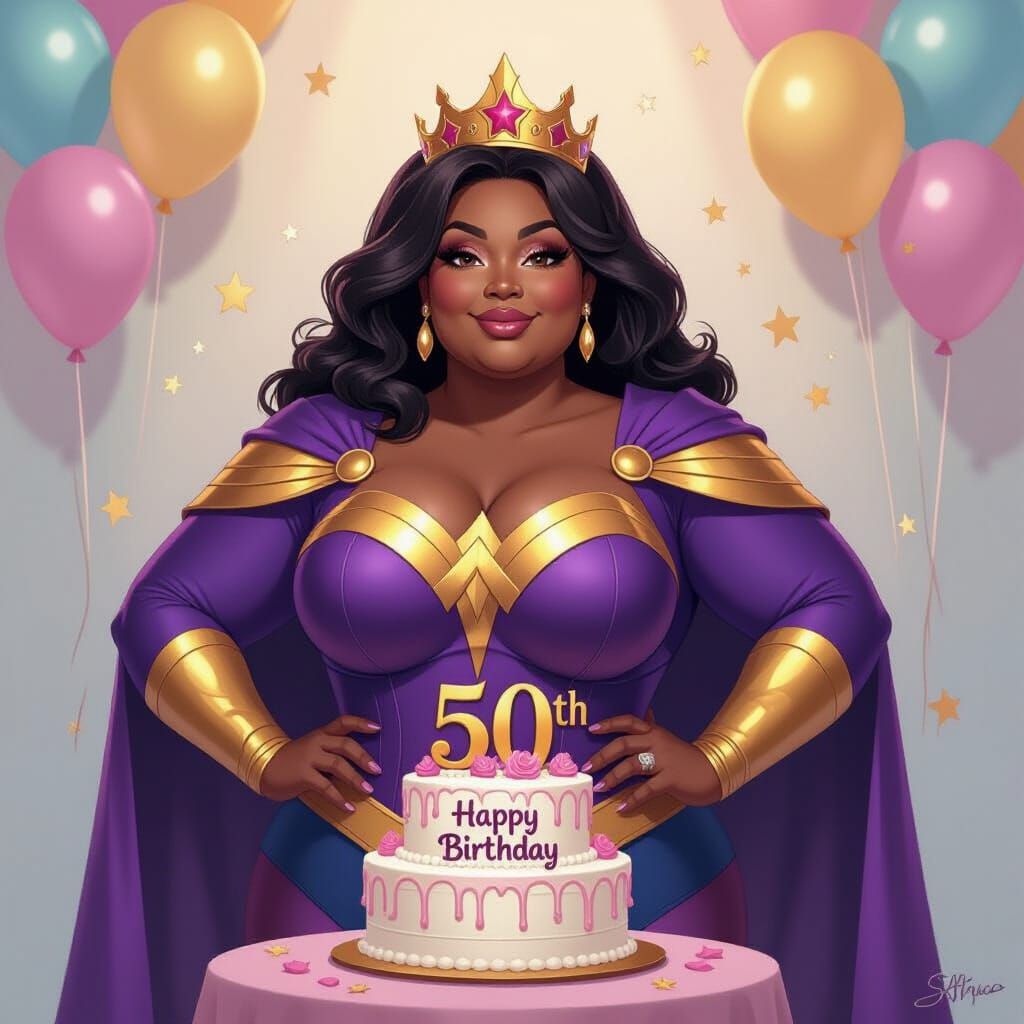 Senior Woman Superhero in Birthday Setting, Digital Painting